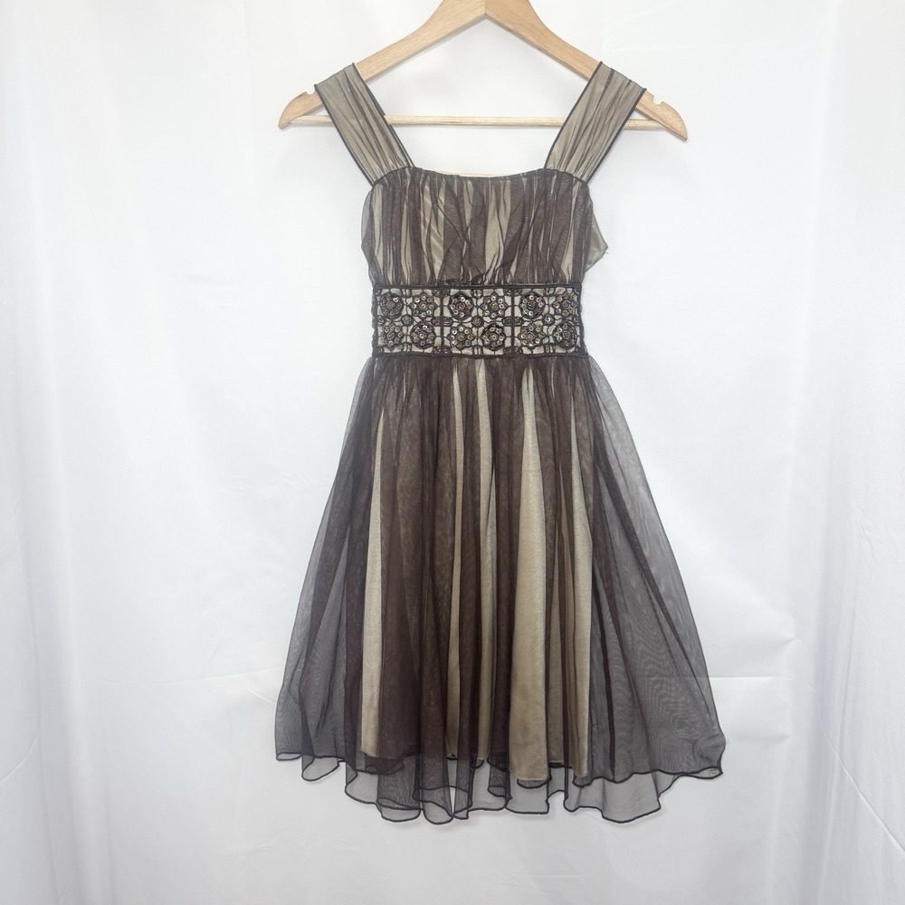 Girls Y2K Tulle Midi Dress Brown Forest Grunge Fairy Sheer Beaded Size 10 Party
